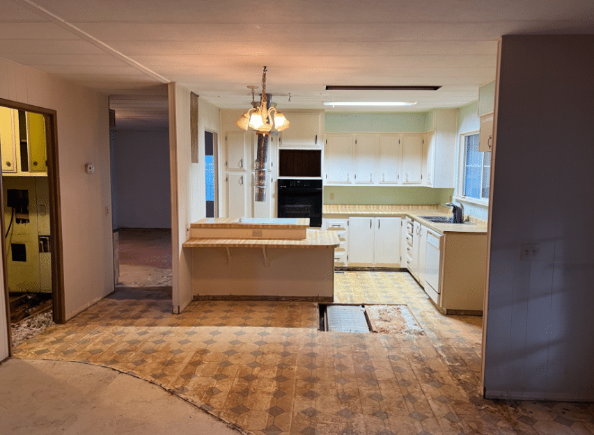 Mobile home kitchen island range hood after renovation in Salem Oregon