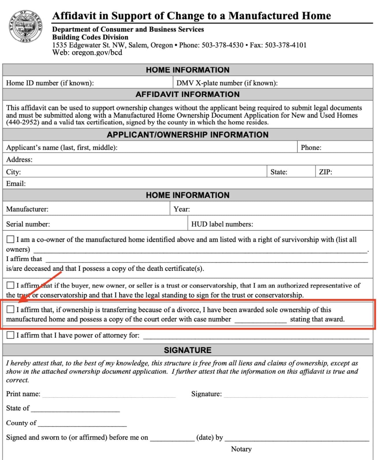 Oregon Form 5221 Affidavit in Support of Change to a Manufactured Home with the divorce box checked