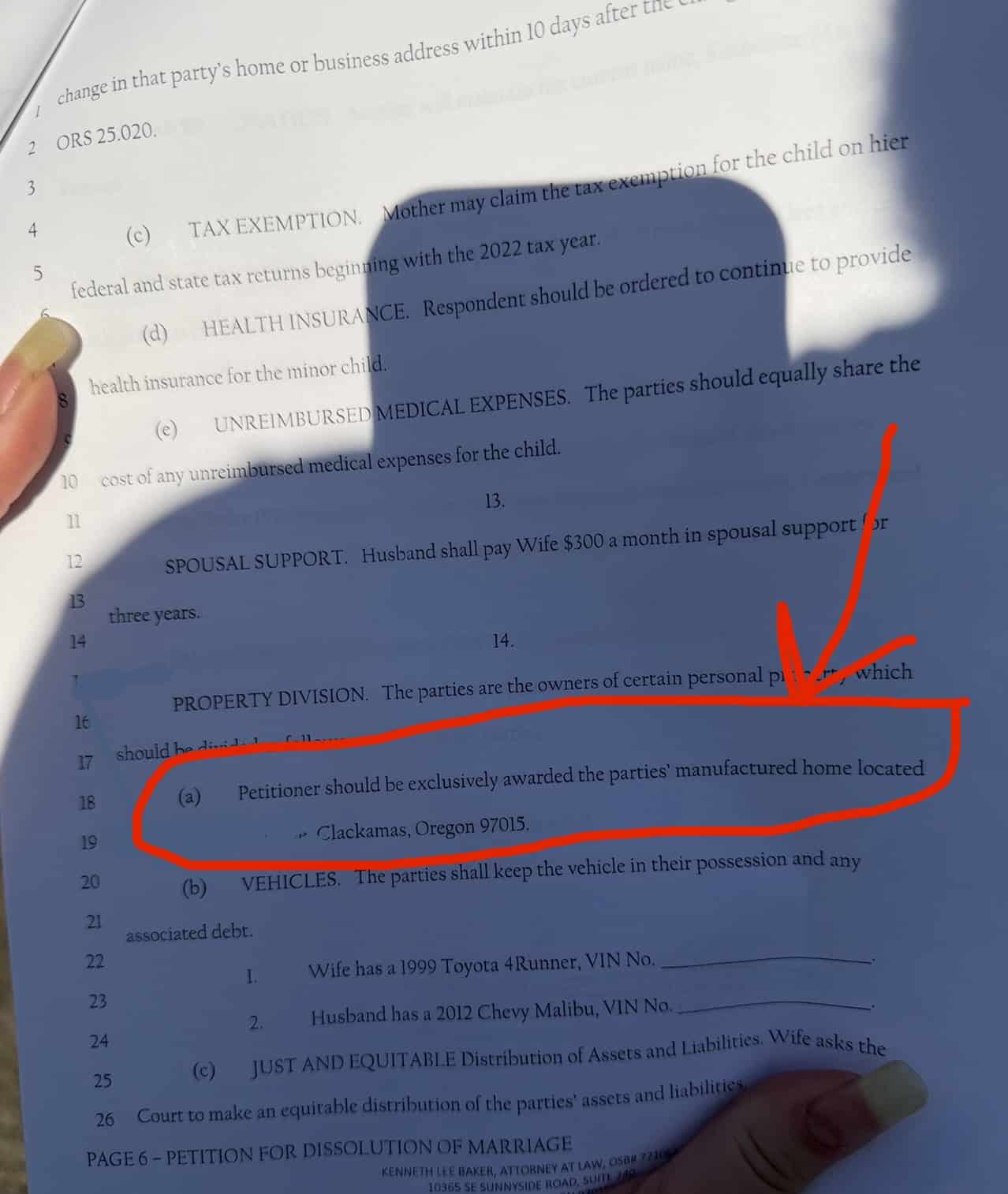 Sample Oregon manufactured home ownership document for a title transfer to a new owner after divorce