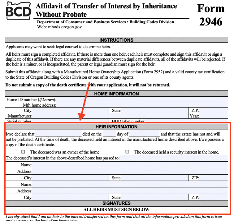 Oregon Form 2946, Affidavit of Transfer of Interest by Inheritance Without Probate