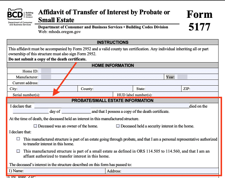 Oregon Form 5177, Affidavit of Transfer of Interest by Probate or Small Estate