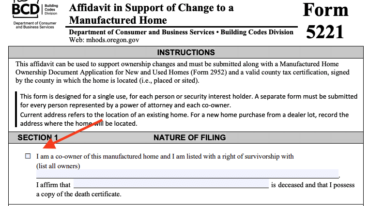 Oregon Form 5221, Affidavit in Support of Change to a Manufactured Home
